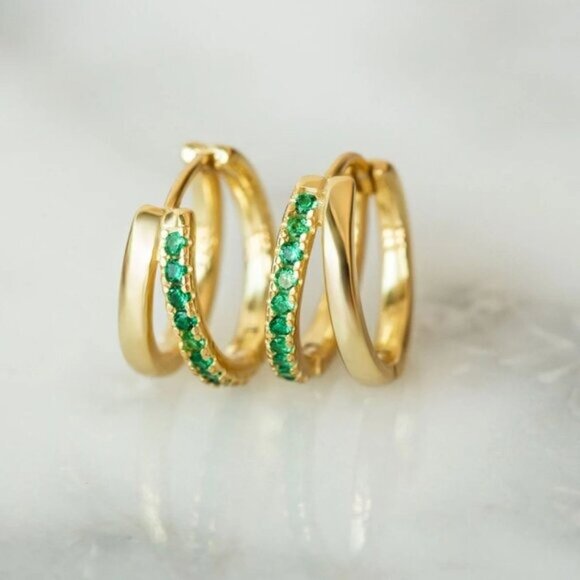 Double Huggie Earrings Green CZ CUTE everyday Jewelry huggies double hoop Green - Picture 2 of 7